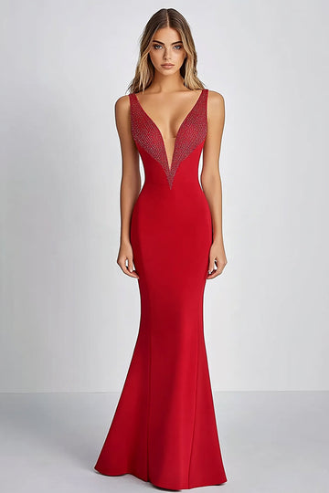 Robe de bal longue à col en V rouge scintillante avec paillettes